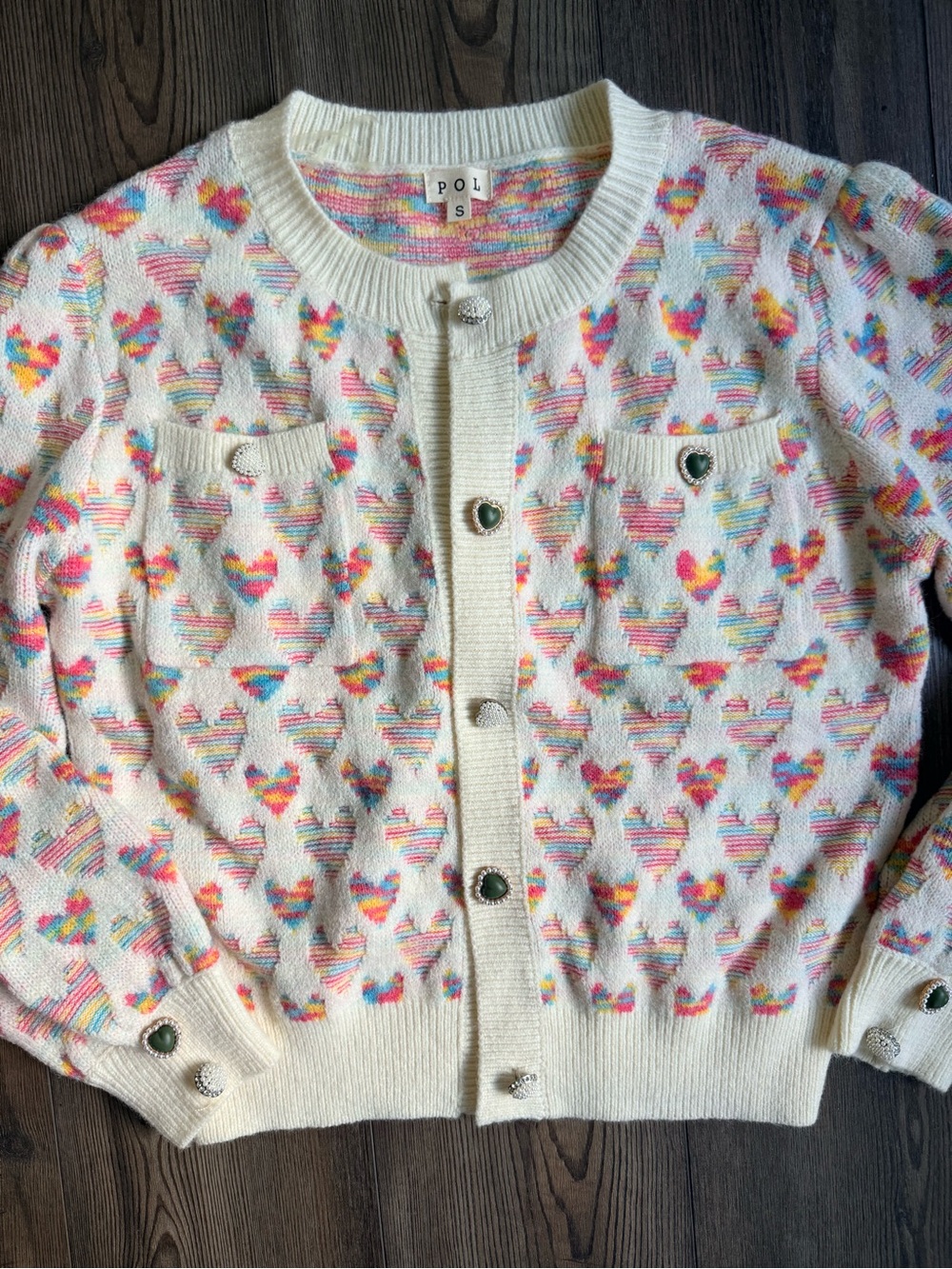 POL Cream Cardigan with Multicolor Heart Pattern - Picture 3 of 6